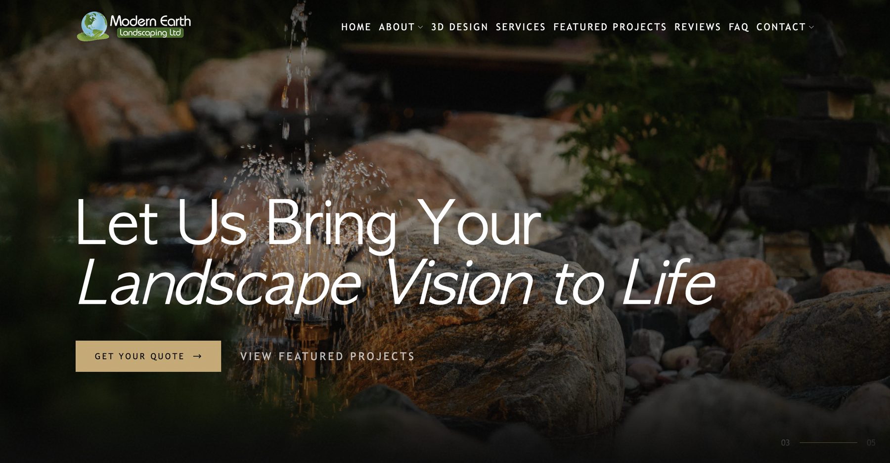 Modern Earth Landscaping homepage showing a completed landscape construction project